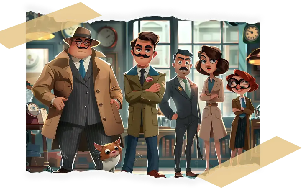 Grupa sześciu postaci z komiksów, w tym pięciu dorosłych w vintage'owych strojach detektywistycznych i małym psem, stoi pewnie w biurze w stylu lat pięćdziesiątych.